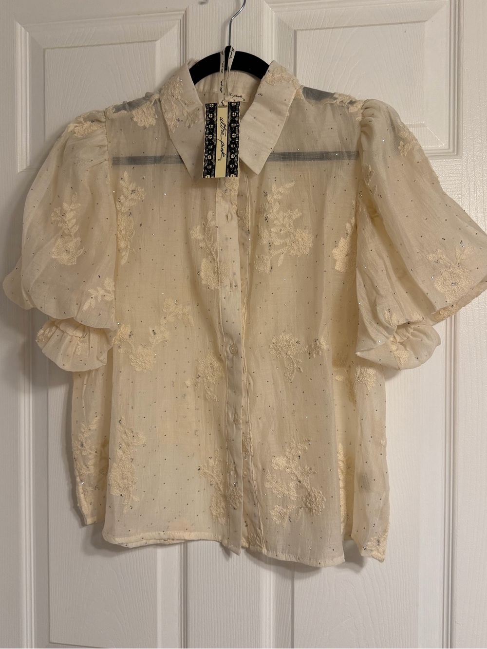 Ultra Pink Sheer Floral Puff-Sleeve Blouse - Cream